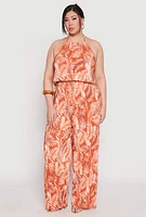 Womens Plus Size Almost Famous Plisse Leaf Print Pants, Orange