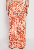 Womens Plus Size Almost Famous Plisse Leaf Print Pants, Orange