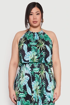 Womens Plus Size Almost Famous Tropical Print Halter Crop Top, Multi, Size 3X