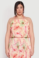 Womens Plus Size Almost Famous Tropical Print Halter Crop Top, Multi, Size 2X