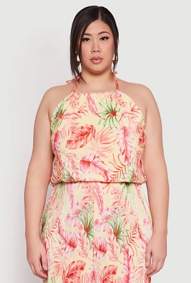 Womens Plus Size Almost Famous Tropical Print Halter Crop Top, Multi, Size 3X
