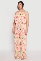 Womens Plus Size Almost Famous Tropical Print Halter Crop Top, Multi, Size 2X