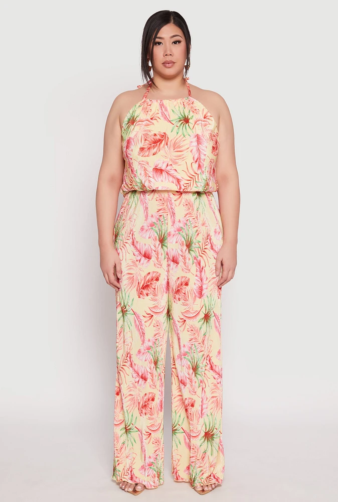 Womens Plus Size Almost Famous Tropical Plisse Palazzo Pants, Multi, Size 3X