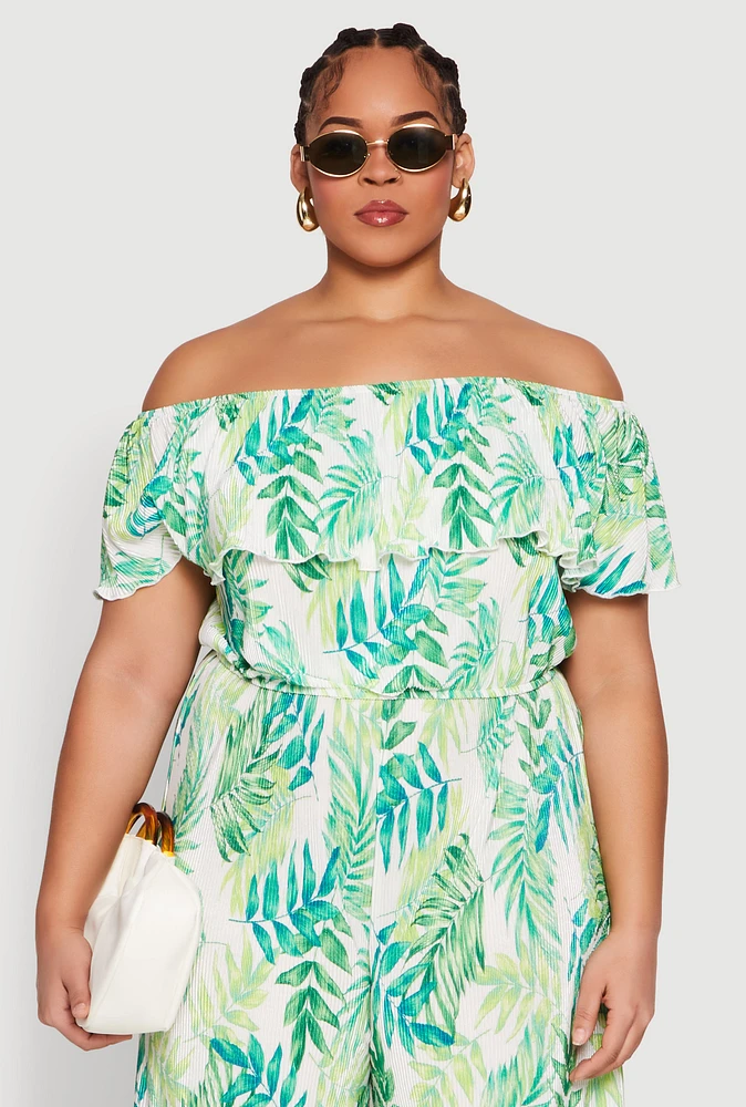 Womens Plus Size Almost Famous Leaf Print Off the Shoulder Top, Green, Size 1X