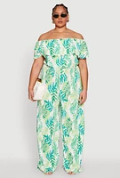 Womens Plus Size Almost Famous Leaf Print Off the Shoulder Top, Green, Size 1X