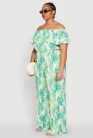Womens Plus Size Almost Famous Leaf Print Off the Shoulder Top, Green, Size 3X