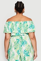 Womens Plus Size Almost Famous Leaf Print Off the Shoulder Top, Green, Size 1X