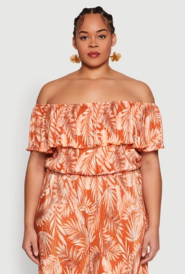 Womens Plus Size Almost Famous Leaf Print Off the Shoulder Top, Orange, Size 1X