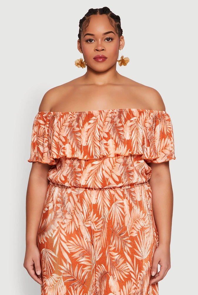 Womens Plus Size Almost Famous Leaf Print Off the Shoulder Top, Orange, Size 3X