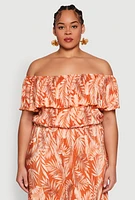 Womens Plus Size Almost Famous Leaf Print Off the Shoulder Top, Orange, Size 3X