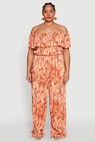 Womens Plus Size Almost Famous Leaf Print Off the Shoulder Top, Orange, Size 3X