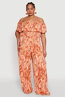 Womens Plus Size Almost Famous Leaf Print Off the Shoulder Top, Orange, Size 1X