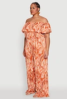 Womens Plus Size Almost Famous Leaf Print Off the Shoulder Top, Orange, Size 1X