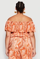 Womens Plus Size Almost Famous Leaf Print Off the Shoulder Top, Orange, Size 1X