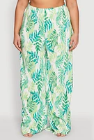 Womens Plus Size Almost Famous Plisse Leaf Print Pants, Green, Size 2X