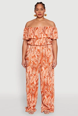 Womens Plus Size Almost Famous Plisse Leaf Print Pants, Orange, Size 1X