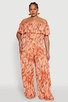 Womens Plus Size Almost Famous Plisse Leaf Print Pants, Orange, Size 1X