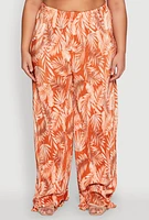 Womens Plus Size Almost Famous Plisse Leaf Print Pants, Orange, Size 1X
