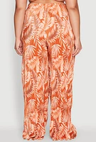 Womens Plus Size Almost Famous Plisse Leaf Print Pants, Orange, Size 1X