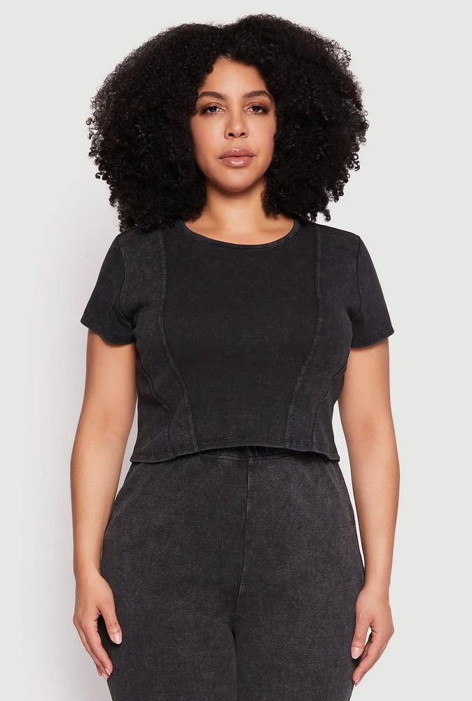 Womens Plus Size Almost Famous Acid Wash Crop Top, Black, Size 2X