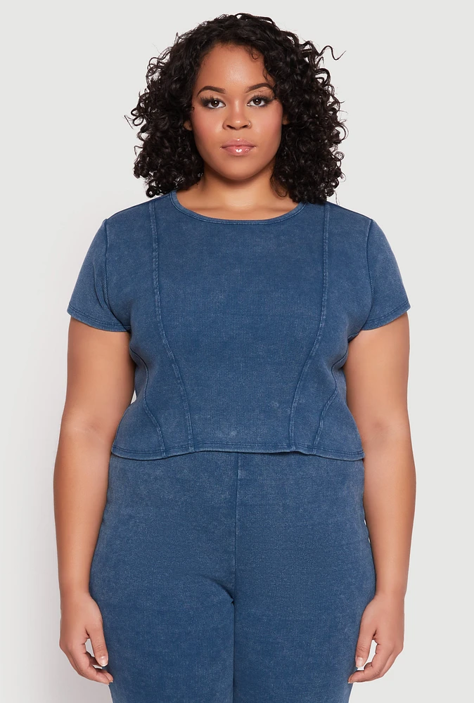 Womens Plus Size Almost Famous Acid Wash Crop Top, Blue, Size 1X