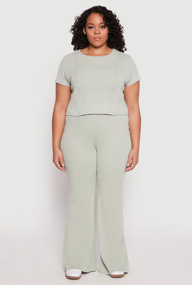 Womens Plus Size Almost Famous Acid Wash Flare Pants, Green, Size 3X
