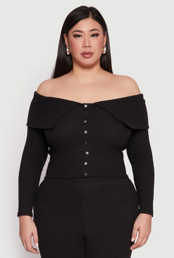 Womens Plus Almost Famous Off The Shoulder Cropped Sweater, Black,
