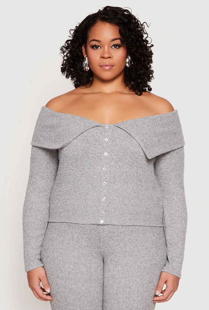 Womens Plus Size Almost Famous Off The Shoulder Cropped Sweater, Grey, Size 1X