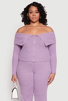 Womens Plus Size Almost Famous Off The Shoulder Cropped Sweater, Purple, Size 1X