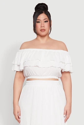 Womens Plus Size Tiered Off the Shoulder Crop Top, White, Size 1X