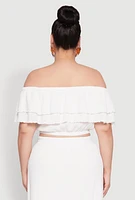 Womens Plus Size Tiered Off the Shoulder Crop Top, White, Size 1X