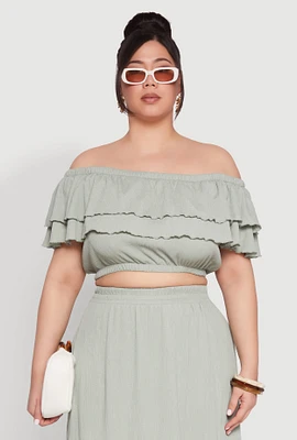 Womens Plus Size Tiered Off the Shoulder Crop Top, Green, Size 1X