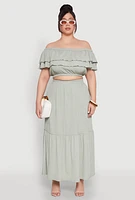Womens Plus Size Tiered Off the Shoulder Crop Top, Green, Size 1X