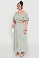 Womens Plus Size Tiered Off the Shoulder Crop Top, Green, Size 1X