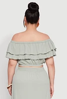 Womens Plus Size Tiered Off the Shoulder Crop Top, Green, Size 1X