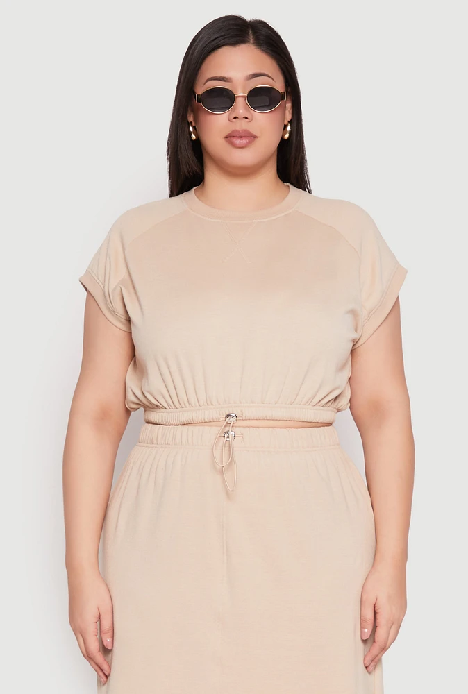 Womens Plus Almost Famous Short Sleeve Cropped Sweatshirt, Beige,