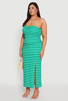 Womens Plus Size Almost Famous Striped Sweetheart Neckline Tube Top, Green, Size 2X