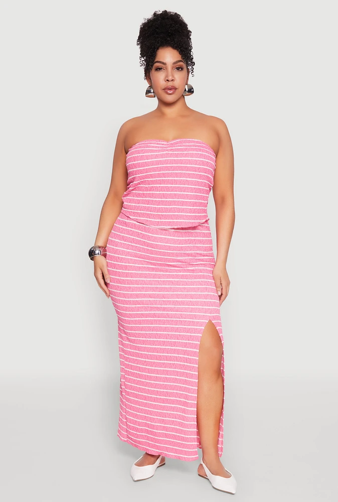 Womens Plus Size Almost Famous Striped Textured Side Slit Maxi Skirt, Pink, Size 3X