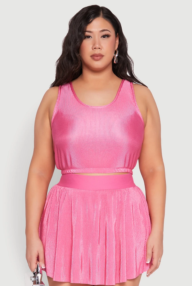 Womens Plus Size Almost Famous Plisse Cropped Tank Top, Pink, Size 2X