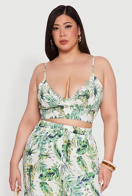 Womens Plus Size Almost Famous Tropical Print Smocked Bralette, Multi, Size 1X