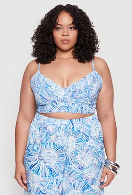 Womens Plus Size Almost Famous Tropical Print Smocked Bralette, Blue, Size 2X