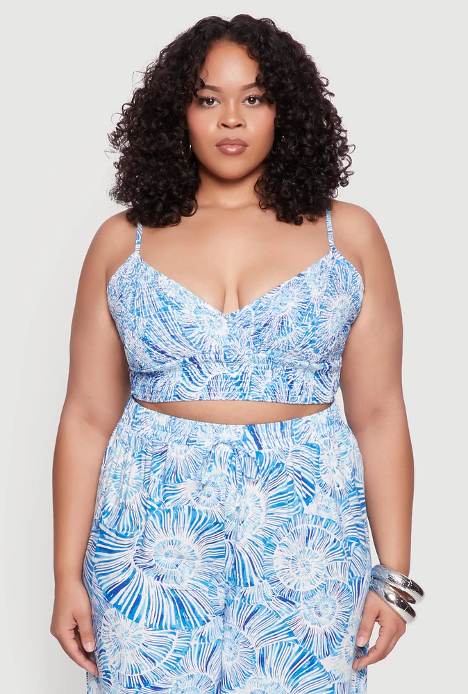 Womens Plus Size Almost Famous Tropical Print Smocked Bralette, Blue, Size 1X