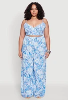 Womens Plus Size Almost Famous Tropical Print Smocked Bralette, Blue, Size 1X