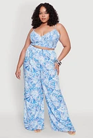 Womens Plus Size Almost Famous Tropical Print Smocked Bralette, Blue, Size 1X