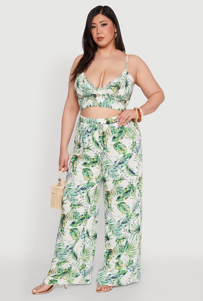 Womens Plus Size Almost Famous Tropical Print Palazzo Pants, Green, Size 3X