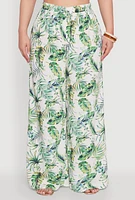 Womens Plus Size Almost Famous Tropical Print Palazzo Pants, Green, Size 3X