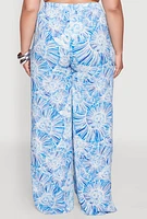 Womens Plus Size Almost Famous Tropical Print Palazzo Pants, Blue, Size 1X