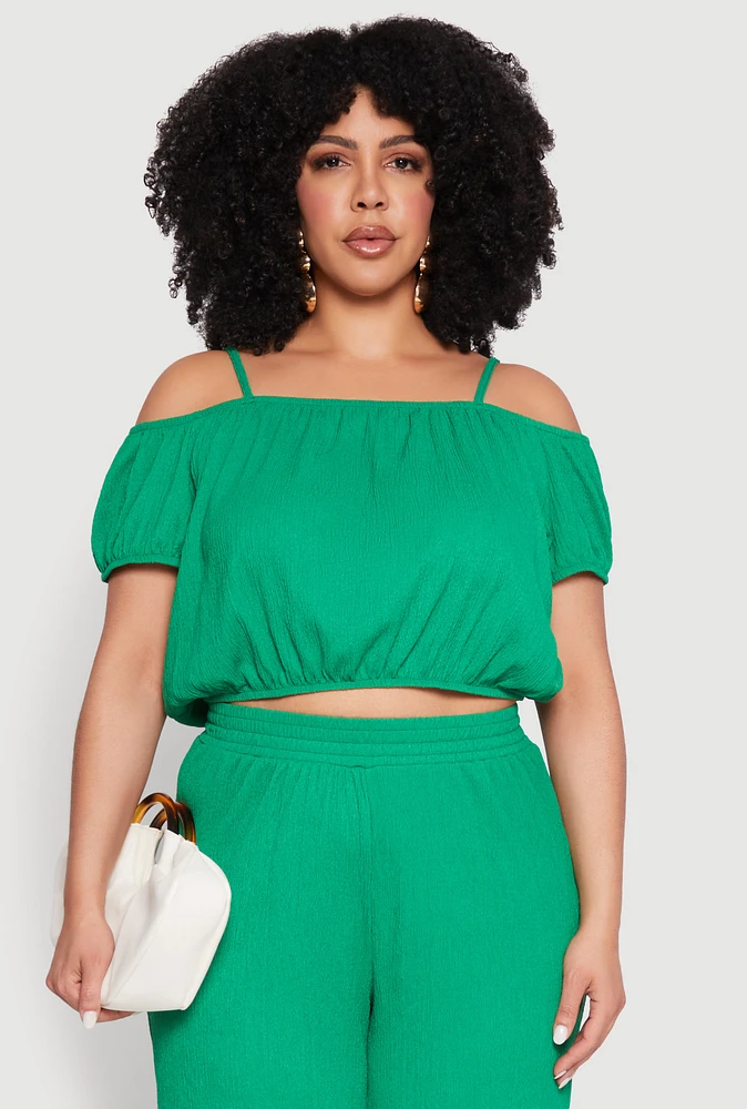 Womens Plus Size Almost Famous Textured Knit Cold Shoulder Crop Top, Green, Size 1X