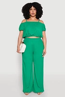 Womens Plus Size Almost Famous Textured Knit Cold Shoulder Crop Top, Green, Size 1X