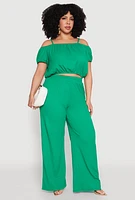 Womens Plus Size Almost Famous Textured Knit Cold Shoulder Crop Top, Green, Size 1X